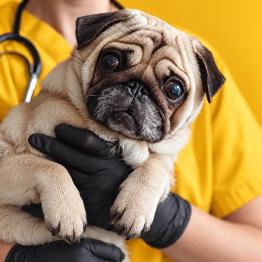 Pug no colo da veterinária